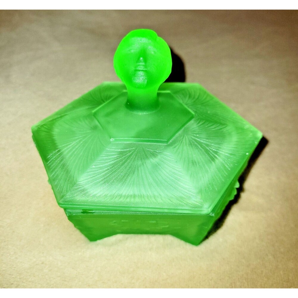 Rare 1930s Art Deco Ramses Uranium Glass Powder Jar - Glowing Satin Glass